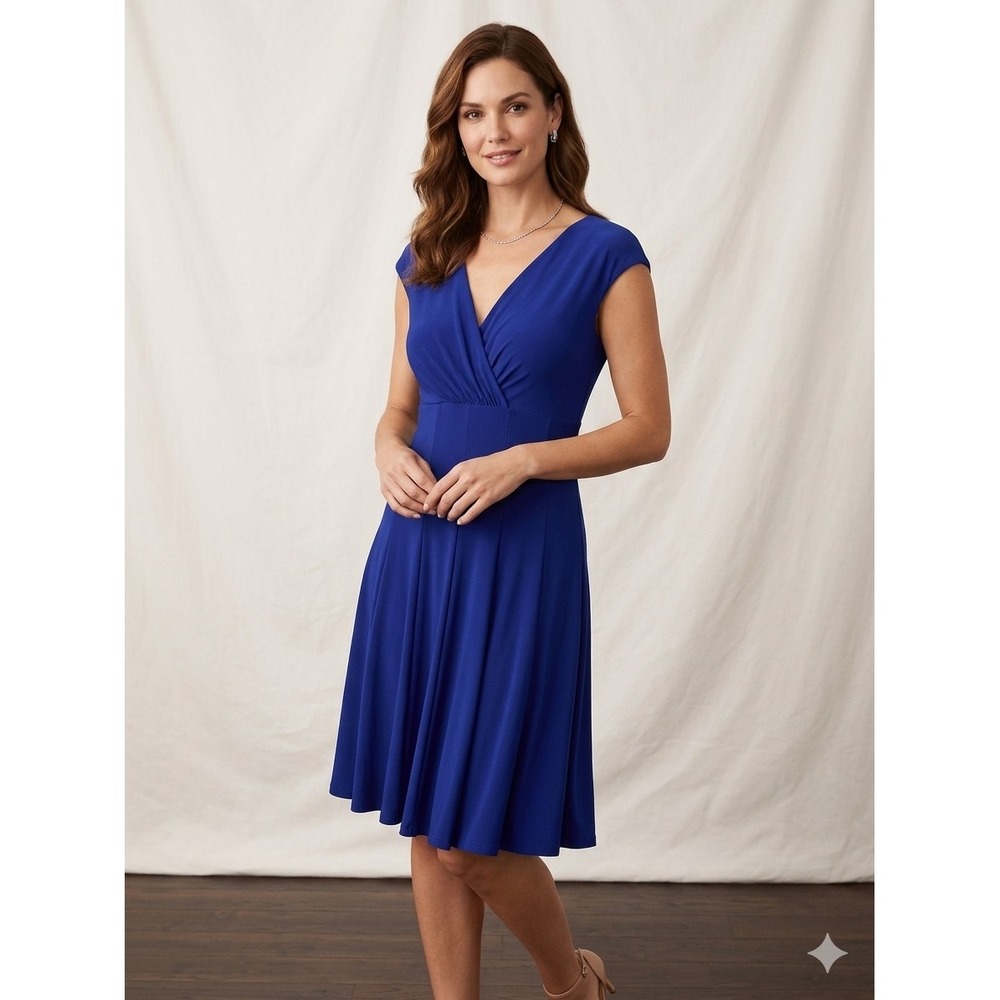 Lauren Ralph Lauren Royal Blue Faux Wrap V-Neck Fit Flare Dress 14 Cap Sleeve